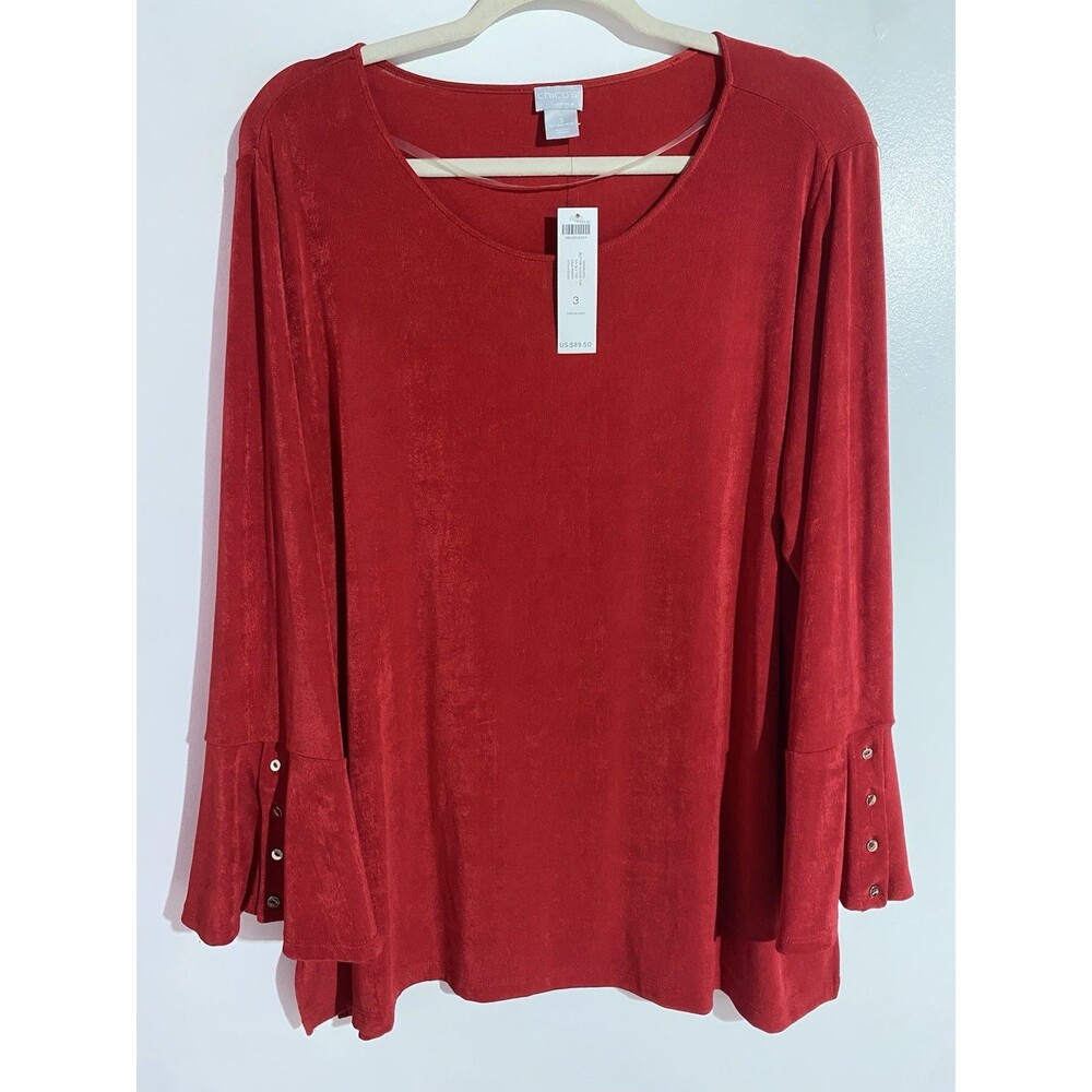 Chicos Travelers Top 3 16/18 Red Liquid Slinky Knit Boho Artsy Corpcore Office